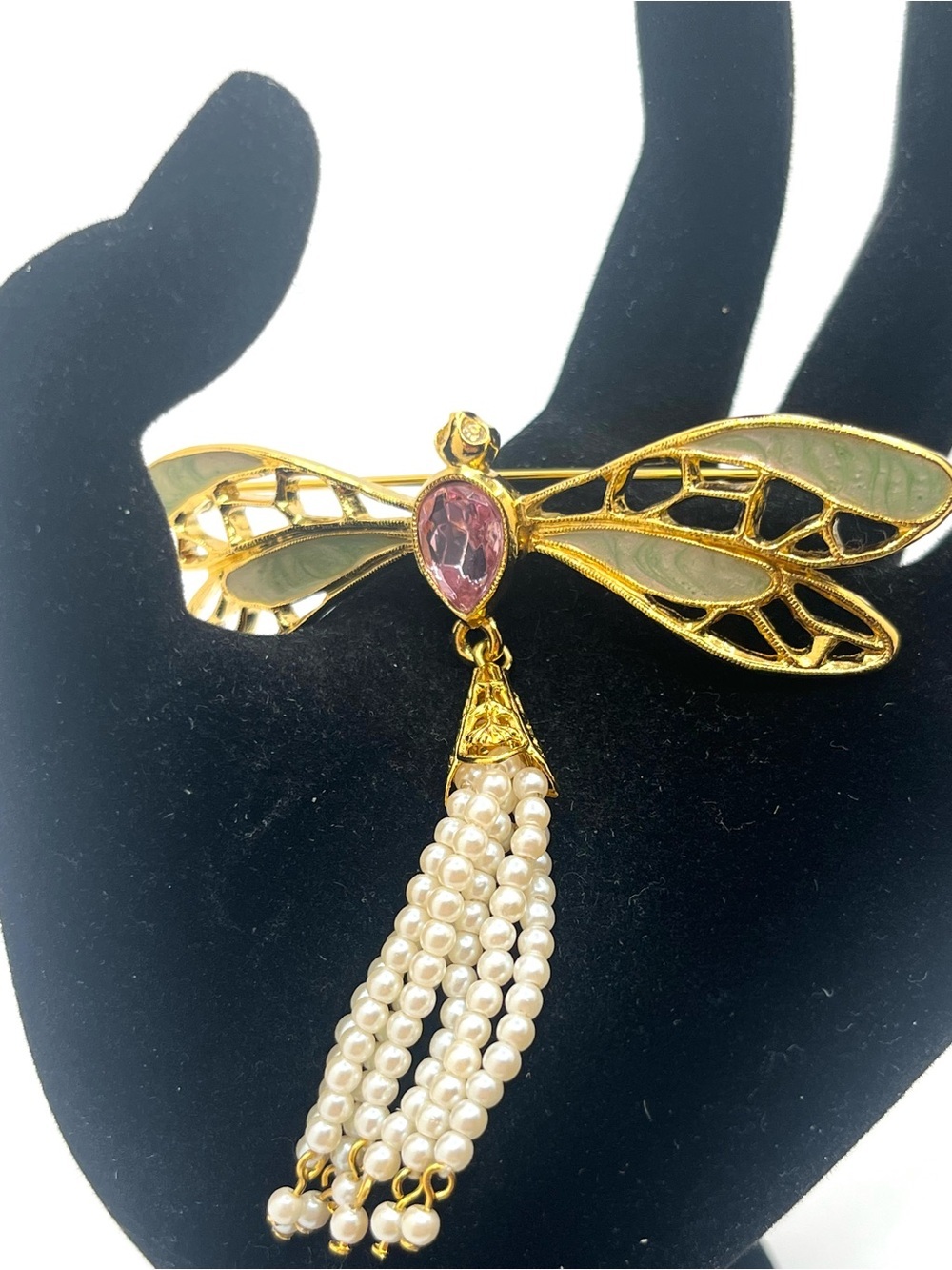 Vintage Avon dragonfly brooch faux pearl tassel pink rhinestone gold tone pin